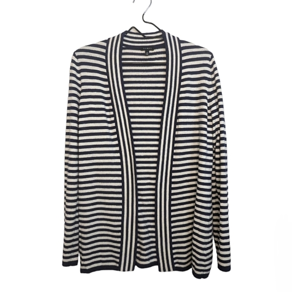 Talbots Wool Blend Blue White Striped Open Mid Length Cardigan Sweater Size XS - Picture 1 of 6